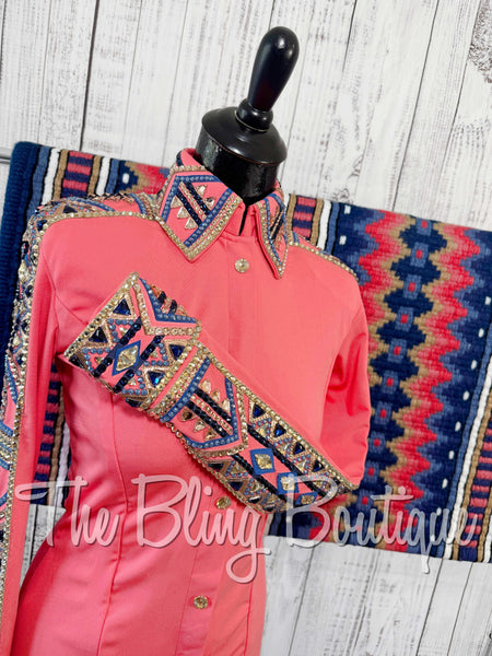 Coral, Navy Blue, Peach & Tan Day Shirt Set (Small)