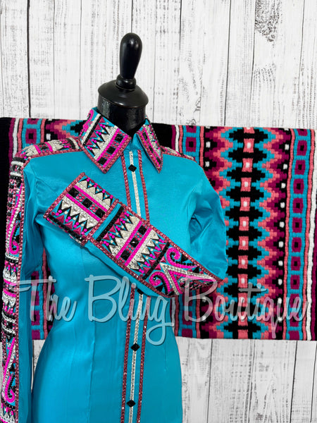Turquoise, Pink, Black & White Day Shirt Set (Small)