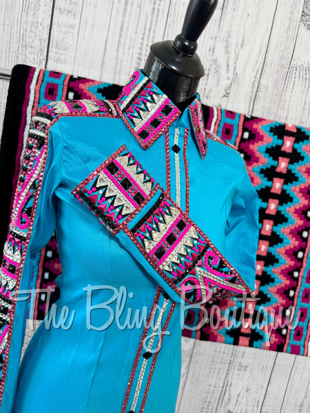 Turquoise, Pink, Black & White Day Shirt Set (Small)