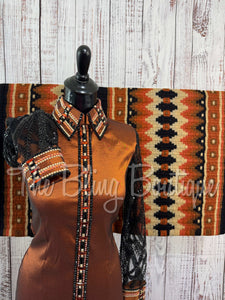Rust & Black Day Shirt Set With Beaded Sheer Sleeves (XS/S)