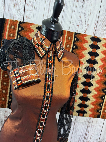 Rust & Black Day Shirt Set With Beaded Sheer Sleeves (XS/S)