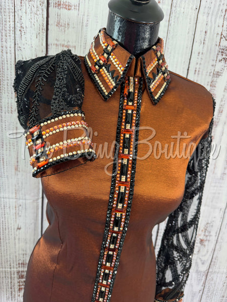 Rust & Black Day Shirt Set With Beaded Sheer Sleeves (XS/S)