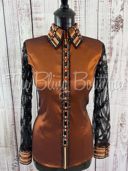 Rust & Black Day Shirt Set With Beaded Sheer Sleeves (XS/S)