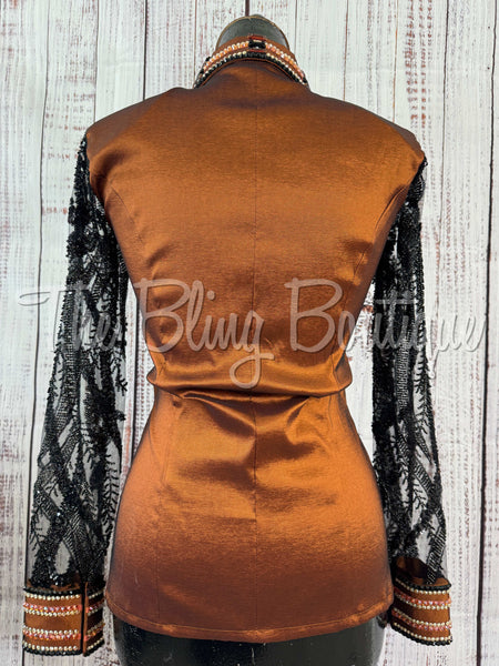 Rust & Black Day Shirt Set With Beaded Sheer Sleeves (XS/S)