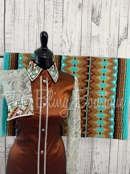 Rust & Mint Day Shirt Set With Sheer Lace Sleeves (S)