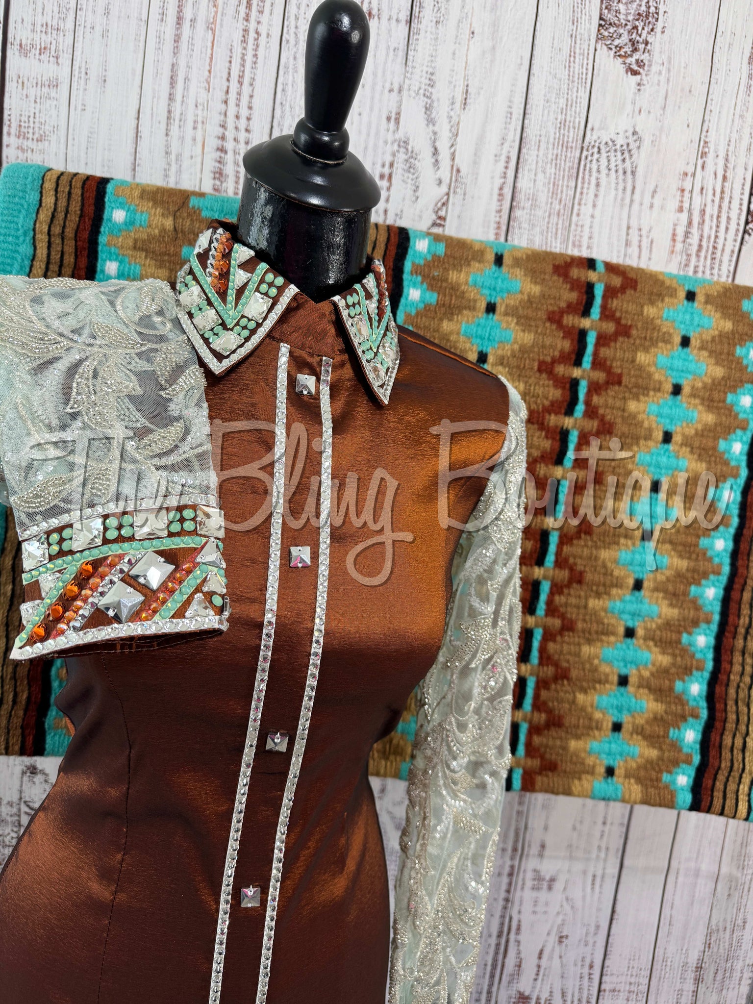 Rust & Mint Day Shirt Set With Sheer Lace Sleeves (S)