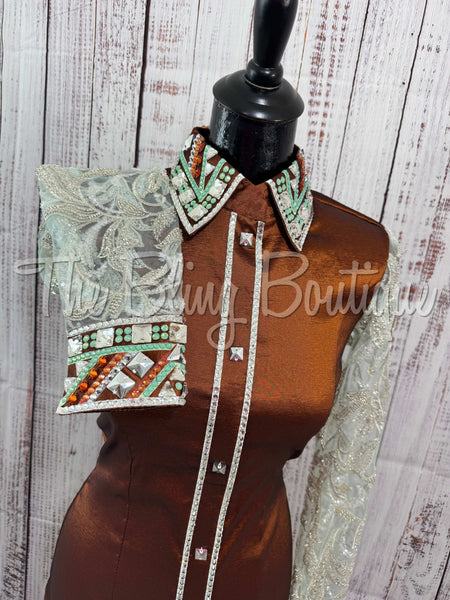 Rust & Mint Day Shirt Set With Sheer Lace Sleeves (S)