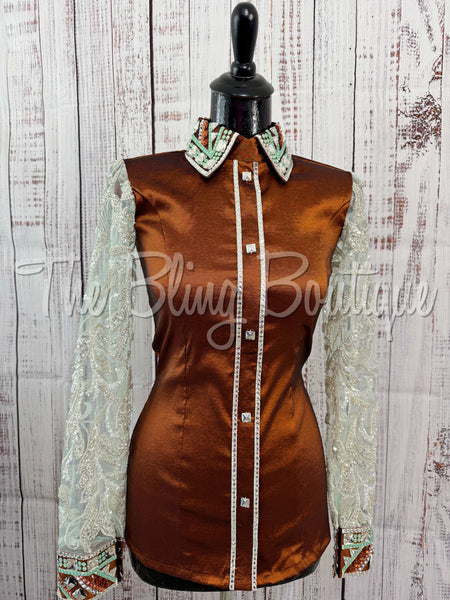 Rust & Mint Day Shirt Set With Sheer Lace Sleeves (S)
