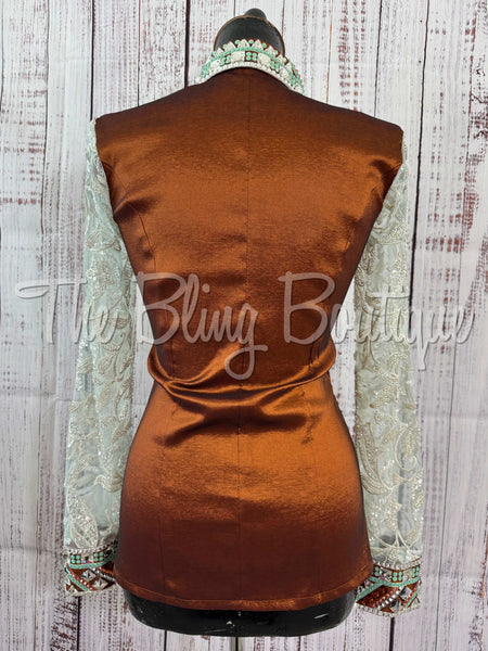 Rust & Mint Day Shirt Set With Sheer Lace Sleeves (S)