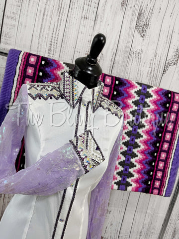 White & Purple Day Shirt Set With Sheer Shimmer Sleeves (M)