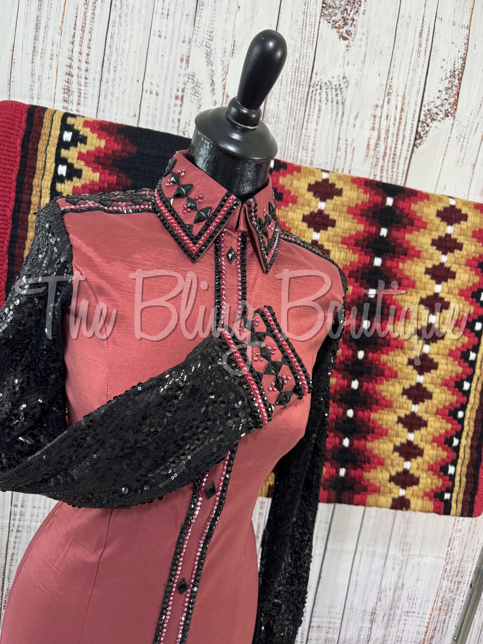 Rosey Mauve & Black Day Shirt Set With Sheer Lace Sleeves (S)