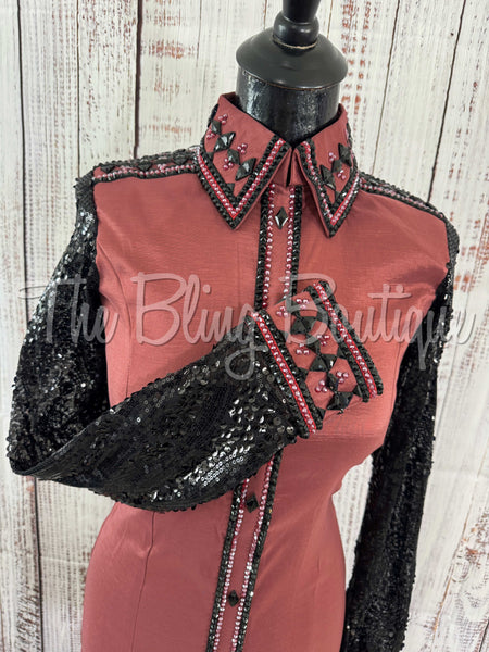 Rosey Mauve & Black Day Shirt Set With Sheer Lace Sleeves (S)