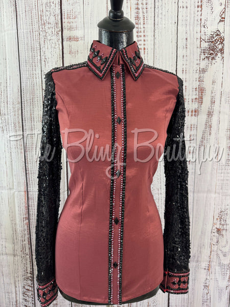 Rosey Mauve & Black Day Shirt Set With Sheer Lace Sleeves (S)