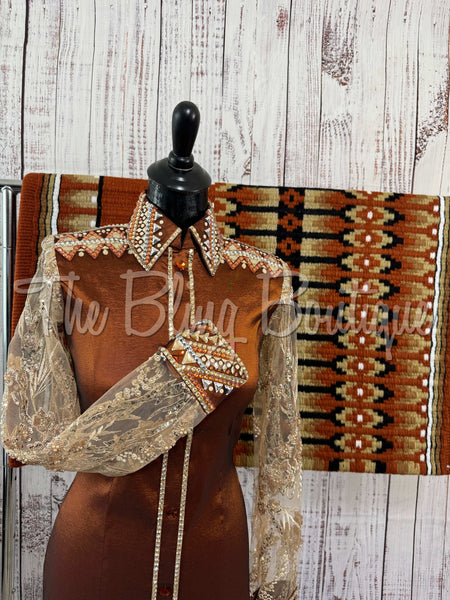 Rust & Tan Day Shirt Set With Sheer Lace Sleeves (S)
