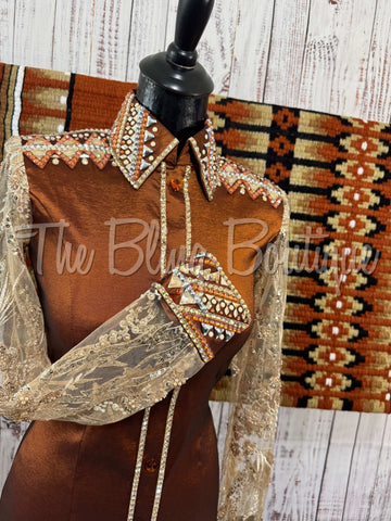 Rust & Tan Day Shirt Set With Sheer Lace Sleeves (S)