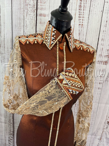 Rust & Tan Day Shirt Set With Sheer Lace Sleeves (S)