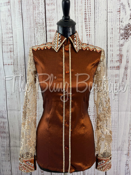 Rust & Tan Day Shirt Set With Sheer Lace Sleeves (S)