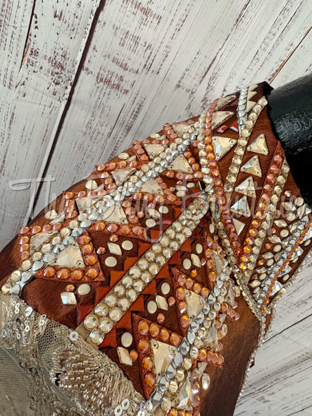 Rust & Tan Day Shirt Set With Sheer Lace Sleeves (S)
