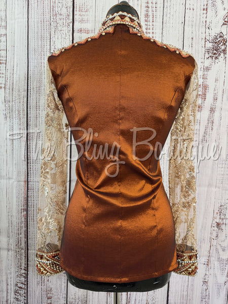 Rust & Tan Day Shirt Set With Sheer Lace Sleeves (S)