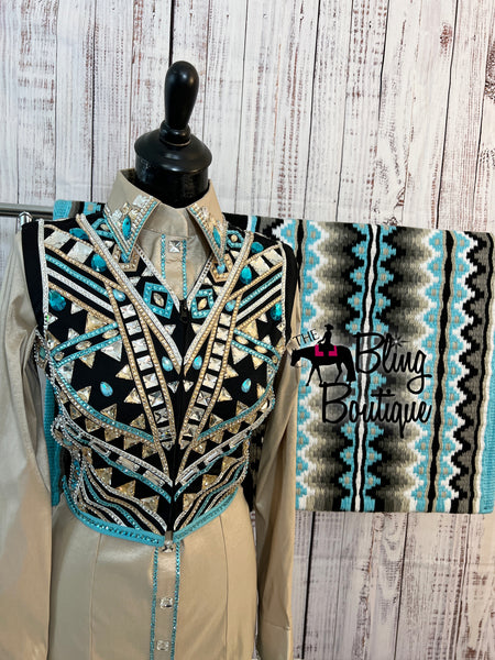 Black, Turquoise & Tan 3 Piece Bolero Vest Set (S)