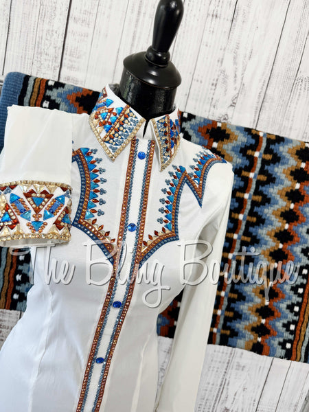 RE-ORDER White, Periwinkle Blue, Copper & Tan Day Shirt Set (Choose Your Size)