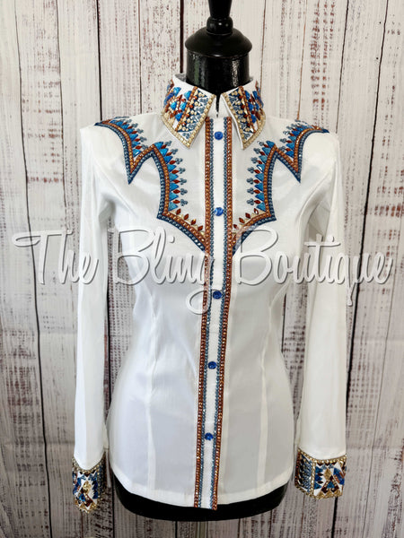 RE-ORDER White, Periwinkle Blue, Copper & Tan Day Shirt Set (Choose Your Size)