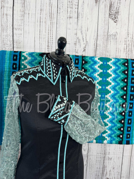 Black, Turquoise & Aqua Day Shirt Set With Sheer Sleeves (L)