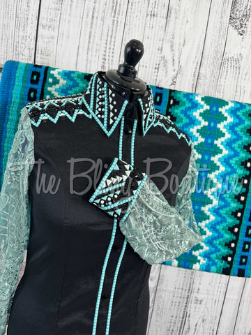 Black, Turquoise & Aqua Day Shirt Set With Sheer Sleeves (L)