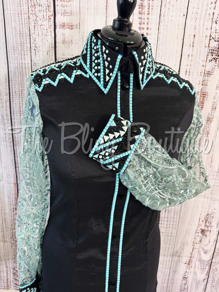 Black, Turquoise & Aqua Day Shirt Set With Sheer Sleeves (L)