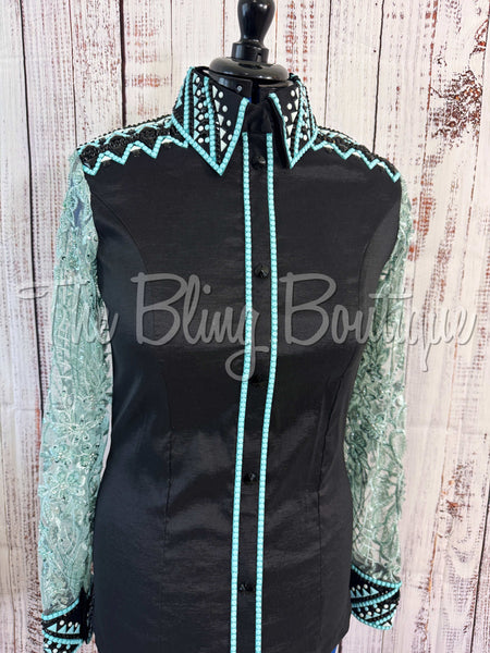 Black, Turquoise & Aqua Day Shirt Set With Sheer Sleeves (L)