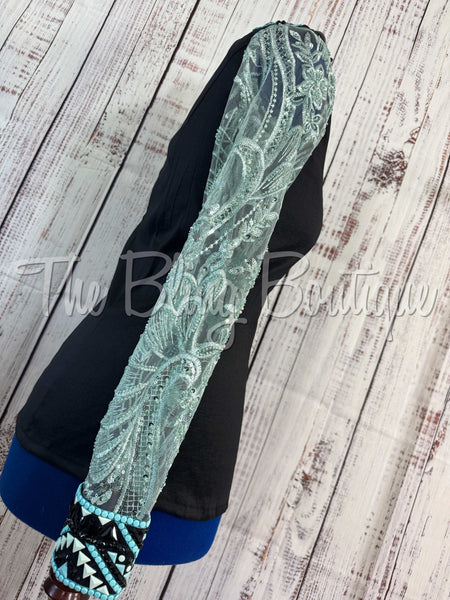 Black, Turquoise & Aqua Day Shirt Set With Sheer Sleeves (L)