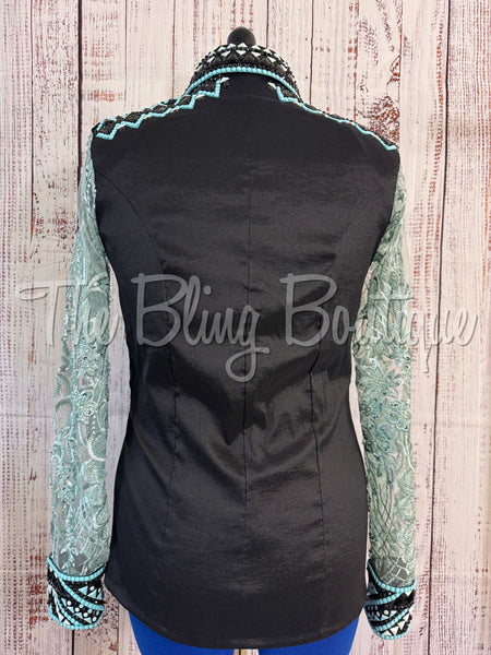 Black, Turquoise & Aqua Day Shirt Set With Sheer Sleeves (L)