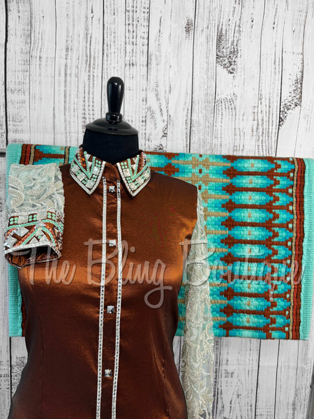 Rust & Mint Day Shirt Set With Beaded Sheer Sleeves (2XL)