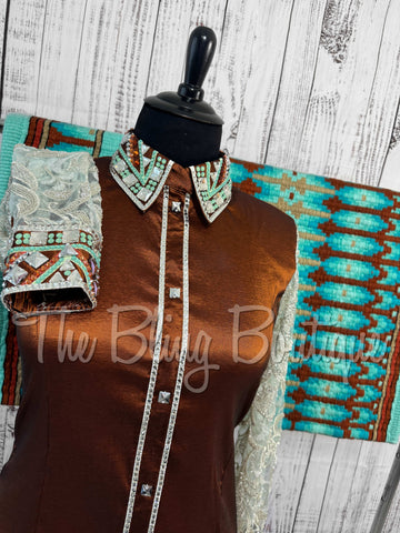 Rust & Mint Day Shirt Set With Beaded Sheer Sleeves (2XL)