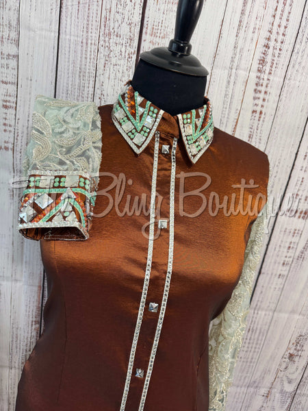 Rust & Mint Day Shirt Set With Beaded Sheer Sleeves (2XL)