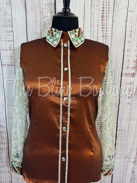 Rust & Mint Day Shirt Set With Beaded Sheer Sleeves (2XL)