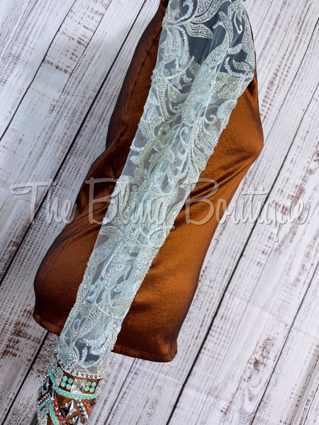 Rust & Mint Day Shirt Set With Beaded Sheer Sleeves (2XL)
