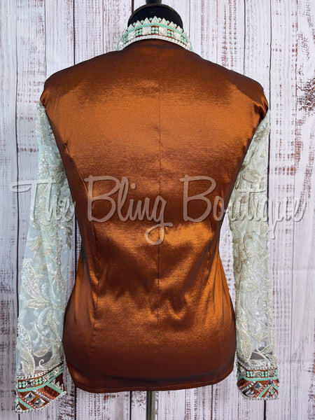 Rust & Mint Day Shirt Set With Beaded Sheer Sleeves (2XL)