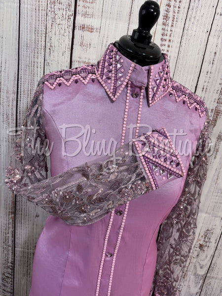 Orchid & Plum Day Shirt Set With Beaded Sheer Sleeves (L)
