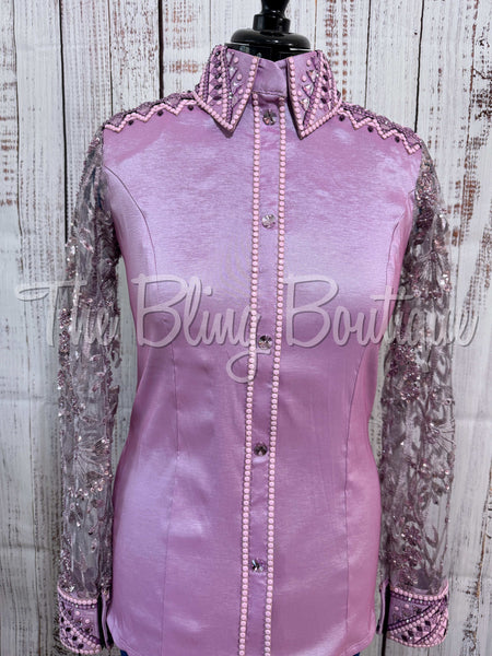 Orchid & Plum Day Shirt Set With Beaded Sheer Sleeves (L)
