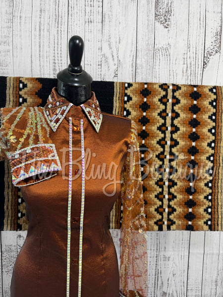 Rust & Copper Day Shirt Set With Sheer Lace Sleeves (S)
