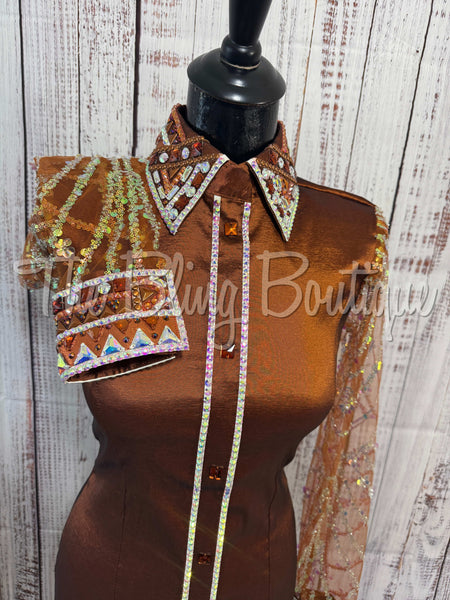 Rust & Copper Day Shirt Set With Sheer Lace Sleeves (S)