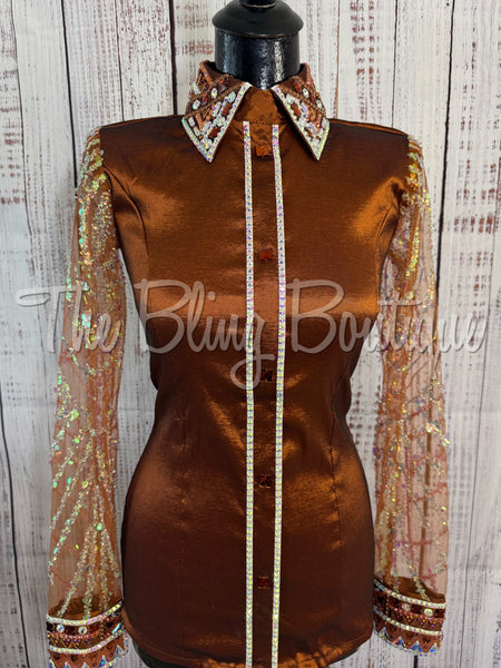 Rust & Copper Day Shirt Set With Sheer Lace Sleeves (S)