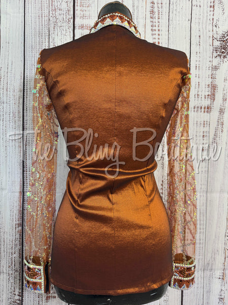 Rust & Copper Day Shirt Set With Sheer Lace Sleeves (S)