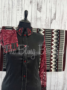 Black & Burgundy Day Shirt Set With Beaded Sheer Sleeves (2XL)