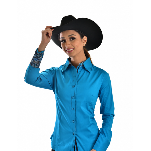 Buck-stitch Ladies Button Up Shirt -Turquoise