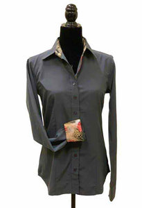 Ladies Button Up Shirt With Accent Collar & Cuffs - Grey