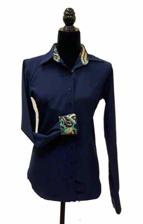 Ladies Button Up Shirt With Accent Collar & Cuffs - Navy
