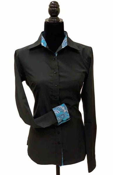 Ladies Button Up Shirt With Accent Collar & Cuffs - Black