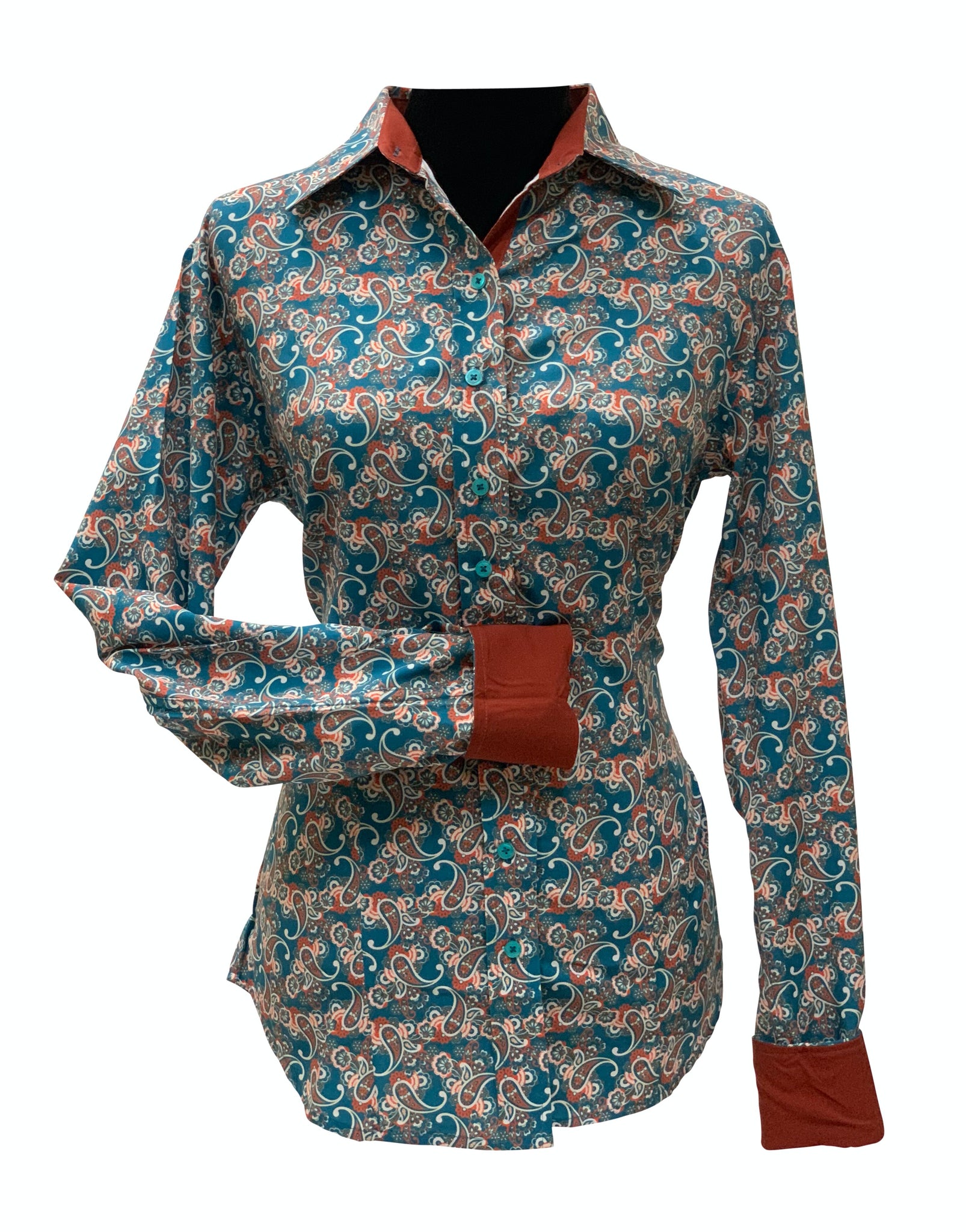 A Printed Fitted Button Down - Turquoise/Rust Paisley